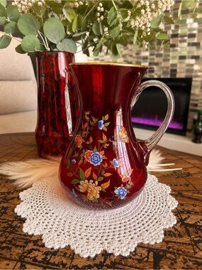 Vintage Ruby Red Floral Glass Pitcher | Hand-Enameled Flowers & Butterflies |